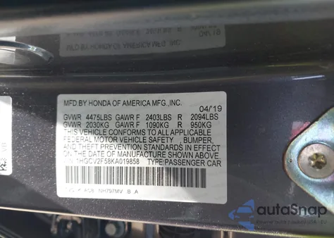 2019 Honda Accord Ex-L 2.0T z USA, uszkodzony, nr VIN 1HGCV2F58KA019858